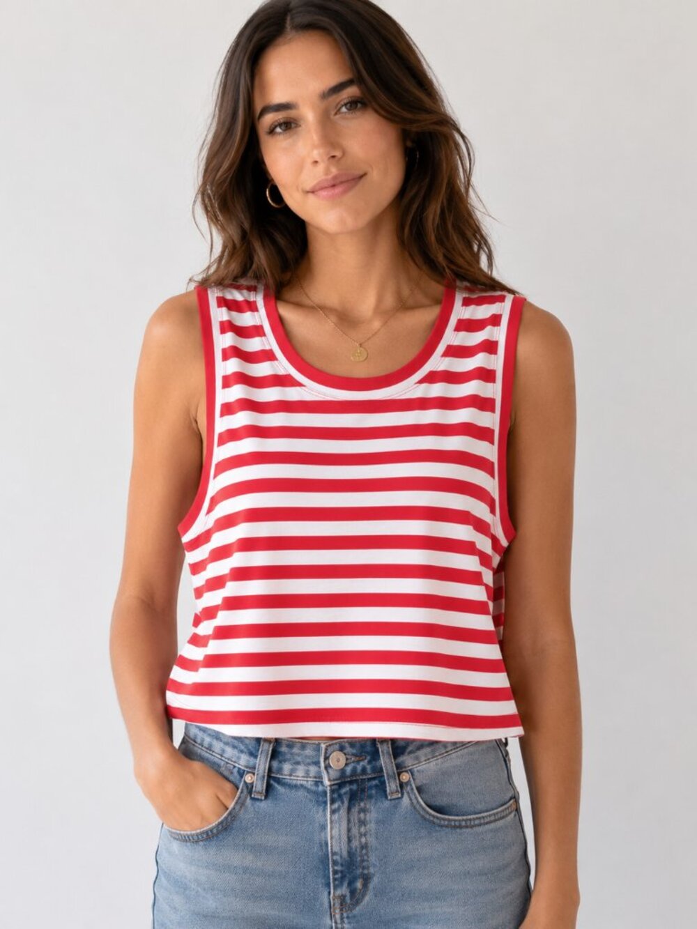 Maeve by Anthropologie SZ L Cropped Striped Tank Bright Red/White